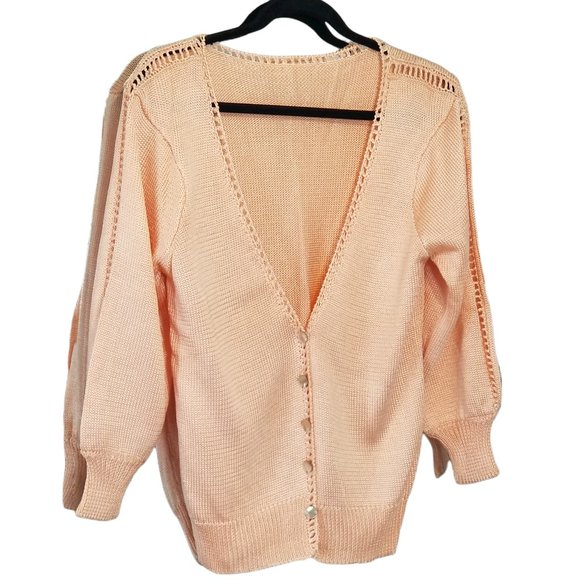 Vintage Sweaters - Vintage Peach Handknit Cardigan Sweater, Size S/M